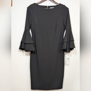NWT Calvin Klein Women's sz 10 Black Flounce Sleeve Midi Dress LBD Formal Classy